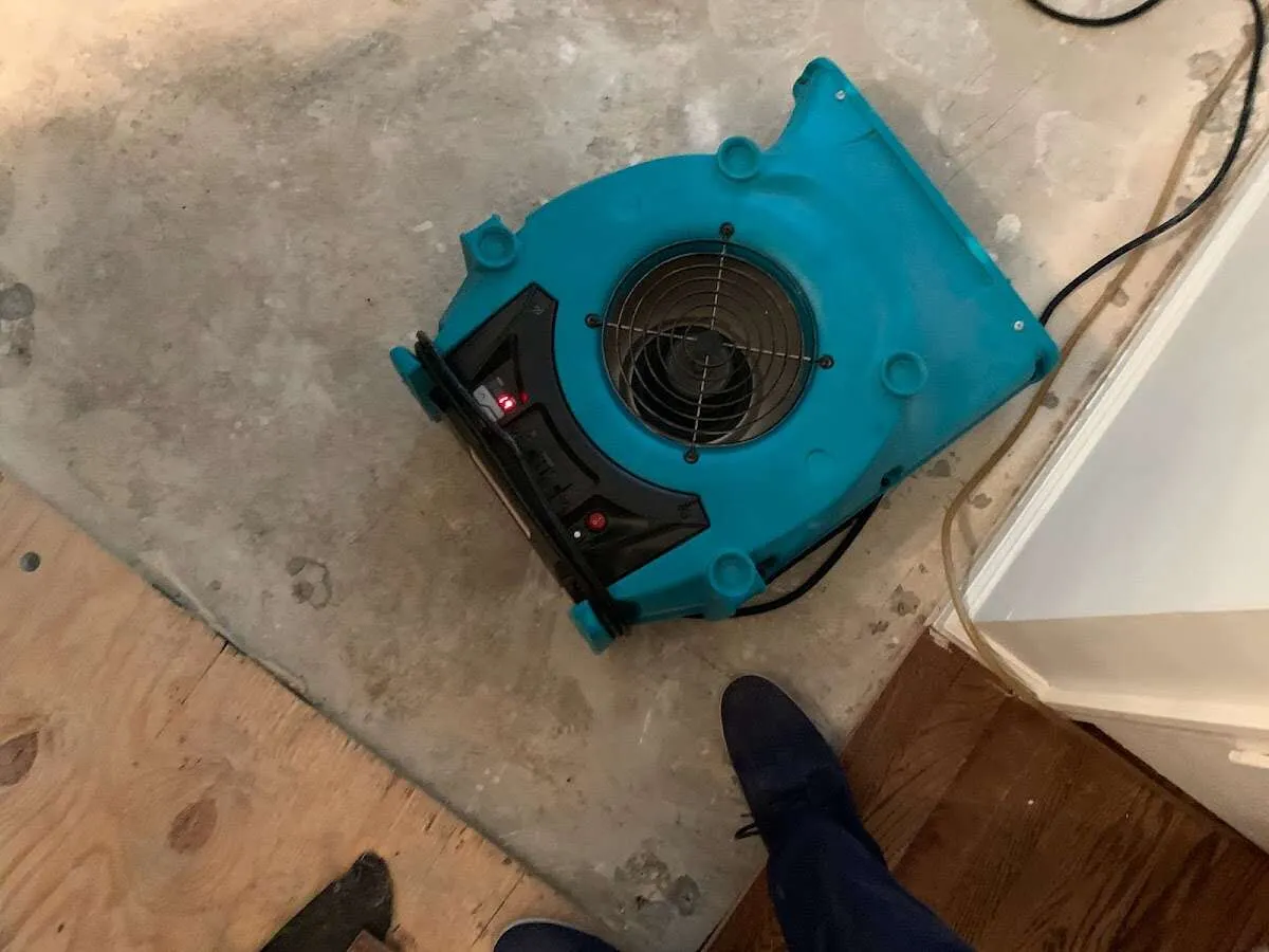 Air mover drying subfloor during Commercial Water Damage Restoration in Manor